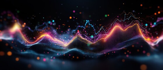 Aufkleber - Abstract digital landscape of glowing particles and waveforms creating a vibrant soundscape evoking futuristic themes of data visualization and energy flow