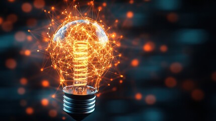 Poster - A Glowing Lightbulb Interwoven with Orange and Yellow Lines Signifying Connectivity, Innovation, and the Future of Digital Technology and Ideas