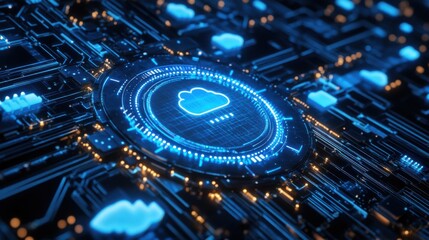 Poster - A digital illustration showcasing a cloud symbol surrounded by intricate circuits and glowing lights, representing cloud computing technology.