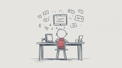 Poster - a person sits at a desk, surrounded by floating digital icons and devices, representing connectivity