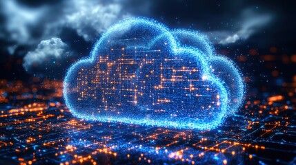 Poster - A glowing, digital cloud structure surrounded by data streams, symbolizing cloud computing and technology.