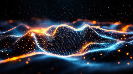 Aufkleber - Abstract digital landscape of glowing interconnected points of light in blue and orange shades creating a dynamic visual experience on dark background