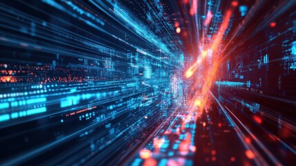 Poster - A vibrant, abstract representation of data flow, featuring blue and red light streaks against a dark background, symbolizing technology and digital connectivity.