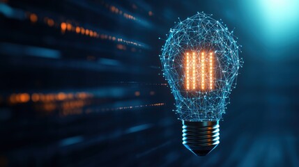 Poster - A Stunning Glowing Three-Filament Lightbulb Rendered in a Complex Network of Interconnected Nodes Against a Dark Blue and Orange Background