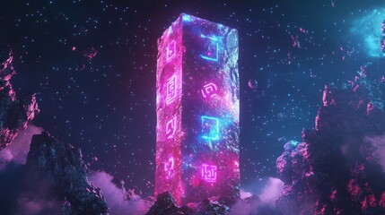 Wall Mural - A tall neon glowing structure floats in outer space