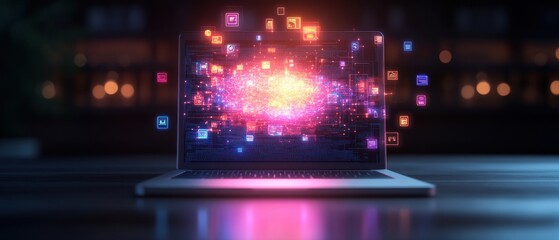 Aufkleber - A mesmerizing laptop screen showcases a vibrant swirling galaxy of colorful app icons glowing with energy in a dark and enchanting setting around it