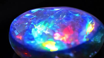 Aufkleber - A colorful gemstone with a rainbow effect. It is a large, oval-shaped stone. The stone is sitting on a black surface