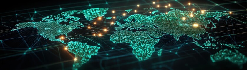 Aufkleber - A Stylized Glowing Teal World Map Interconnected by Lines and Nodes Representing Global Connectivity with Modern Digital Design Elements and Aesthetic Appeal