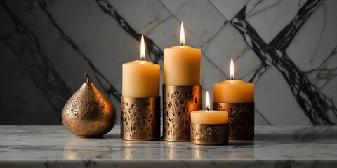 Poster - elegant display of lit candles and decorative objects on marble surface in a warm, serene atmosphere