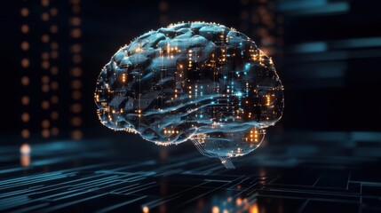 Poster - A digital representation of a brain, interconnected with glowing circuits, symbolizing artificial intelligence and technology.