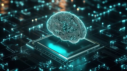 Poster - a digital brain with circuit patterns is displayed above a microchip, symbolizing artificial intelli