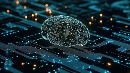 Poster - a digital brain rendered on a circuit board, symbolizing the intersection of technology and artifici