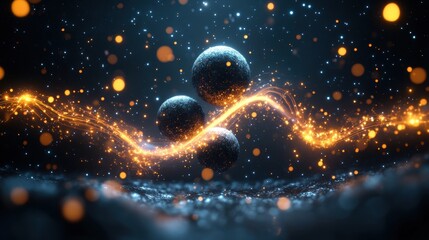 Poster - Dark Planets Hove in a Swirling Luminous Orange and Gold Energy Stream in a Star-Pecked Space Background of Textured Celestial Wonderment