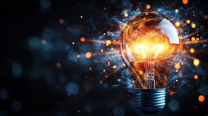 Poster - A radiant glowing lightbulb emits fiery energy amidst swirling particles of light and darkness, beautifully blurred by an enchanting bokeh background.