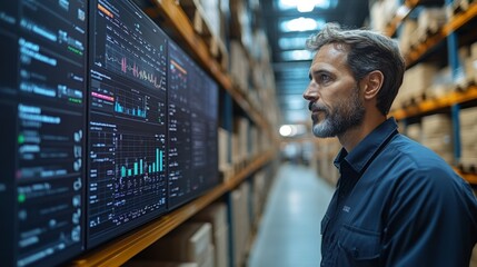 Leinwandbilder - A logistics specialist examines critical operational data displayed on large digital screens within a bustling warehouse filled with organized inventory.