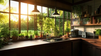 Poster - Sun-drenched modern kitchen with large , dark wood cabinetry, built-in espresso machine, potted herbs, and industrial-style pendant lighting