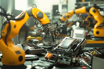 Poster - Industrial robots assemble electronic components in a high-tech workshop