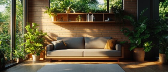 Poster - Sunlight Illuminates a Modern Living Room with Gray Couch and Plants Against a Brick Wall Featu Wooden Shelves for Books and Decor Items