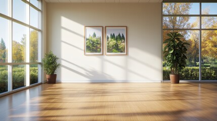 Poster - Bright and Airy Minimalist Room with Sunlight, Hardwood Floors, Nature Prints, and Potted Plants Creating a Serene Indoor Atmosphere and Elegance