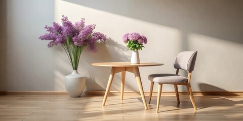 Aufkleber - Serene Minimalist Interior with Wooden Table, Chair, and Purple Flowers in Vases, Bathed in Sunlight