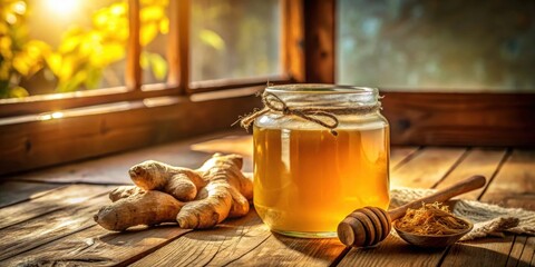 Poster - Golden honey in a rustic jar, accompanied by fresh ginger root and a wooden honey dipper, bathed in warm sunlight by a window