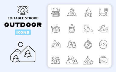 Poster - Outdoor line icon set. Outdoor vector icons. Camping, tools, adventure, trekking, outdoor related icons. Editable stroke