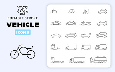 Poster - Vehicle web icons. Transport icons set. Car body types. Car, transport, vehicle, auto thin line icons. Editable stroke