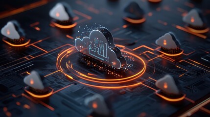 Poster - Abstract representation of cloud computing technology with circuit patterns and glowing elements, showcasing digital connectivity and data exchange in a modern cyber environment.