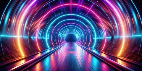 Leinwandbilder - A Futuristic Neon Tunnel with Vibrant Circular Lights and Reflective Floor