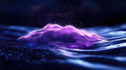 Poster - Ethereal Purple Energy Cloud Emanating from Calm Water Surface with Sparkling Particles Against a Dark Background for Creative Visual Projects and Fantasy Themes