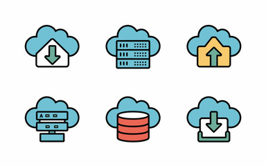 Poster - Cloud Computing Icons Set: Data Transfer, Server and Storage Solutions, Flat Style vector Illustration for Technology and Business, 