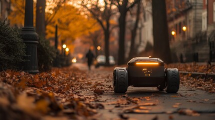 Fototapete - An autonomous delivery robot moves along a city street covered in fallen leaves, with street lamps illuminating the autumn evening. A person walks in the background.