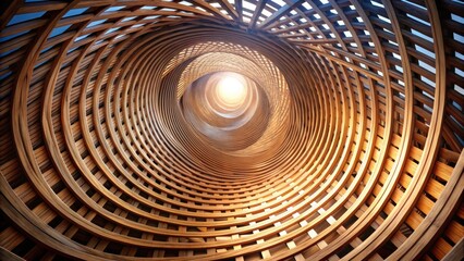 Fototapete - Intricate Wooden Structure A Spiraling Architectural Design Featuring Interwoven Layers of Light Brown Wood, Creating a Stunning Visual Effect of Depth and Perspective, Illuminating an Inner Core.