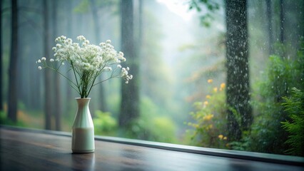 Aufkleber - Serene Rainy Day Still Life Delicate White Flowers in Vase on Windowsill Overlooking Lush Greenery