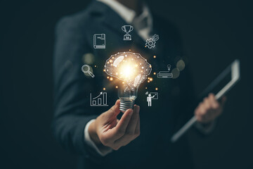 Poster - E-learning graduate certificate program concept.Woman holds a light bulb showing a brain icon. Concept of finding educational opportunities. Education Creativity and problem solving.