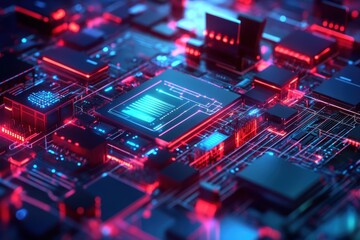 Poster - Futuristic circuit board with vibrant blue and red lights in a digital environment