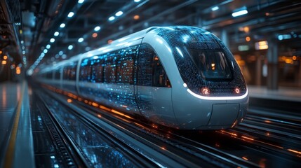 Fototapete - A sleek smarttrain, equipped with automation and AI features, is poised for departure in a cutting edge transportation hub, highlighting advancements in logistics and infrastructure.