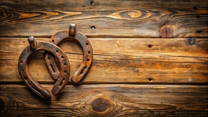 Aufkleber - Rustic wooden background featuring two aged horseshoes hanging on weathered planks, showcasing a vintage aesthetic and a sense of tradition.