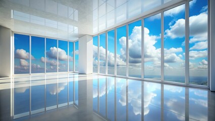 Aufkleber - Expansive Room with Floor-to-Ceiling Windows Showcasing a Panoramic View of a Blue Sky and Puffy White Clouds Reflecting on a Polished Floor