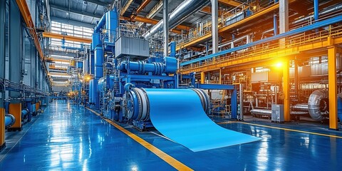 Poster - Industrial manufacturing facility producing large rolls of blue material in a well-lit environment