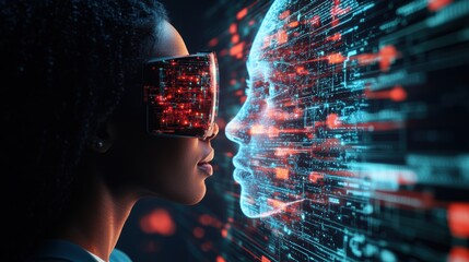 Poster - A Black woman wea a futuristic VR headset engages with a dynamic holographic human face made of flowing binary code streams in a digital landscape