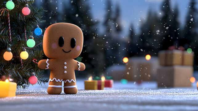 Smiling Gingerbread Man by Decorated Christmas Tree in Snowy Night Scene