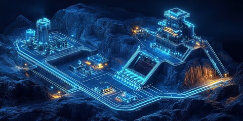 Poster - Futuristic digital cityscape at night with glowing structures on rocky terrain