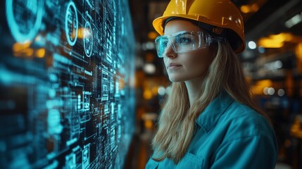 Leinwandbilder - Woman wearing safety gear observes digital data on screens in an advanced logistics facility focused on transportation and automation. She evaluates system efficiency in real time.