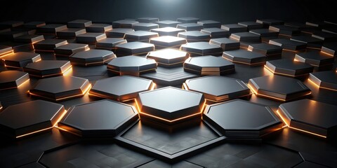 Poster - Abstract Dark Hexagon Pattern with Illuminated Edges and Glowing Light Source