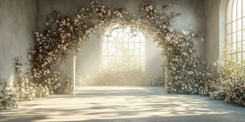 Poster - Beautiful floral archway in a softly lit room adorned with blooming flowers and vintage windows