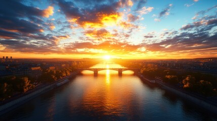 Poster - Stunning cityscape with bridge and river reflecting a vibrant sunset glow that illuminates the skyline with fiery colors creating a breathtaking view