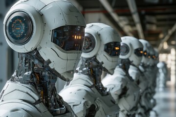 Poster - Advanced humanoid robots lined up in a futuristic facility during a technological exhibition
