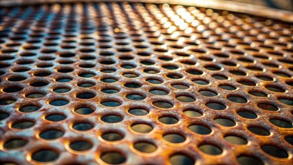Poster - Rustic Perforated Metal Surface A Close-Up Study of Oxidized Steel with Circular Holes in a Repeating Pattern, Illuminated by Warm Sunlight
