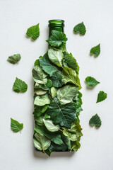 Wall Mural - over head flat lay view of a plastic bottle shape made from a leaves on a plain background